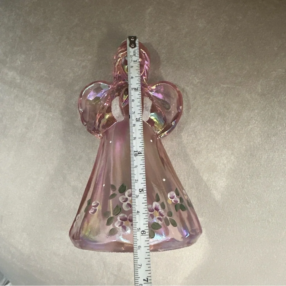 Fenton Art Glass Pink Iridescent Angel Figure Hand Painted Floral Signed 6.5